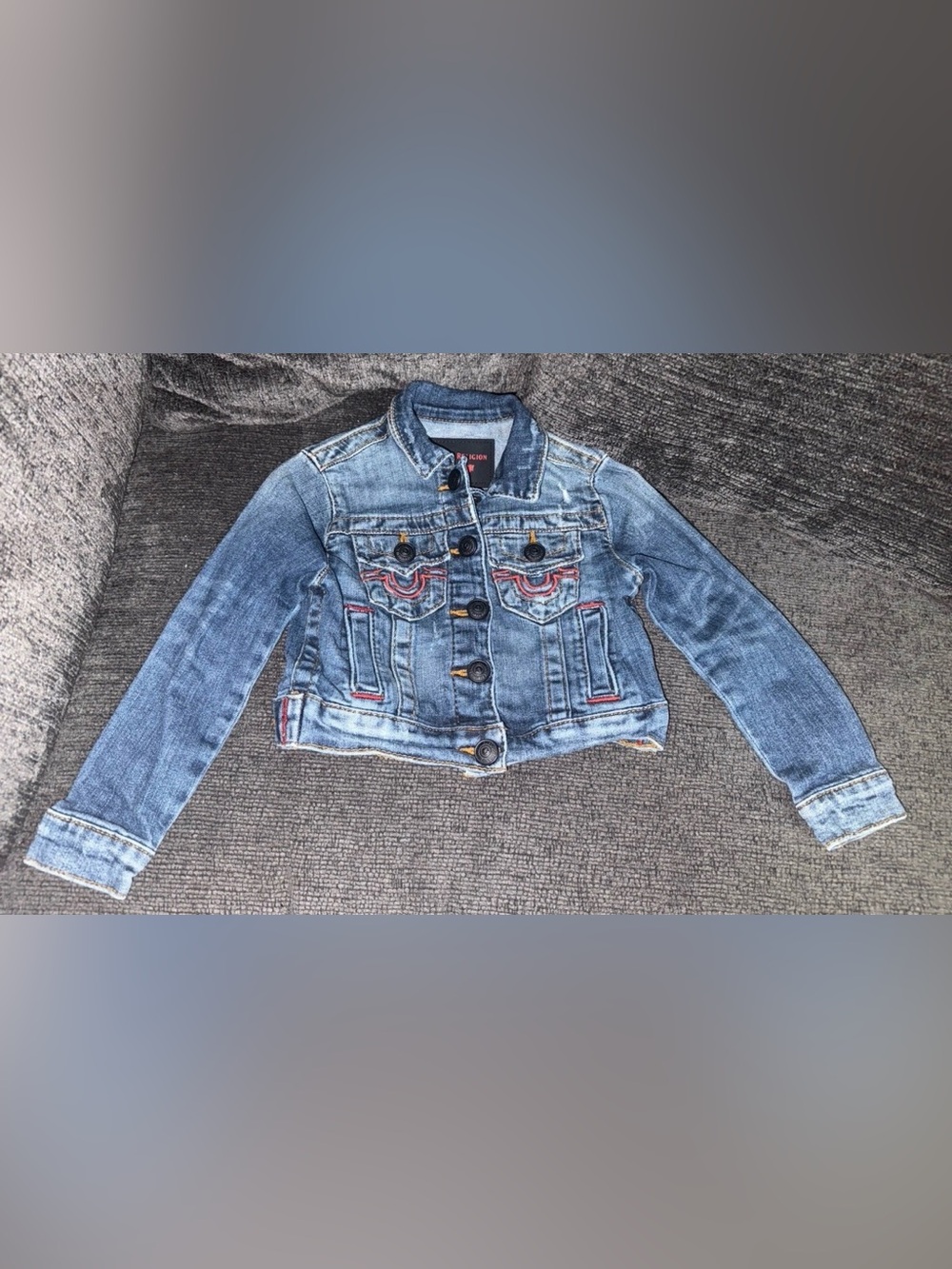 True Religion Manchester United Kids Denim Jean Jacket Embroidered Blue Red Sz 2